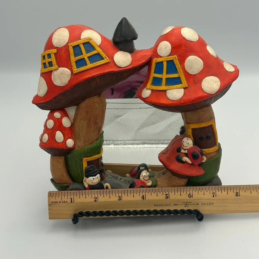Vintage Chalkware Fairy House Mushroom Ladybug Mirror Red White Wall Juta‎ S 70s